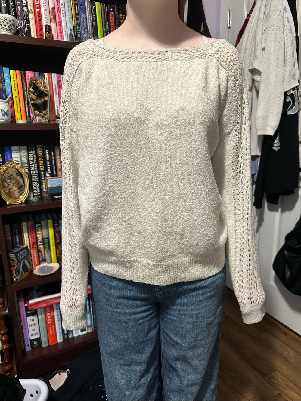 American Eagle Outfitters Cream Open-Work Sleeve Pullover Sweater